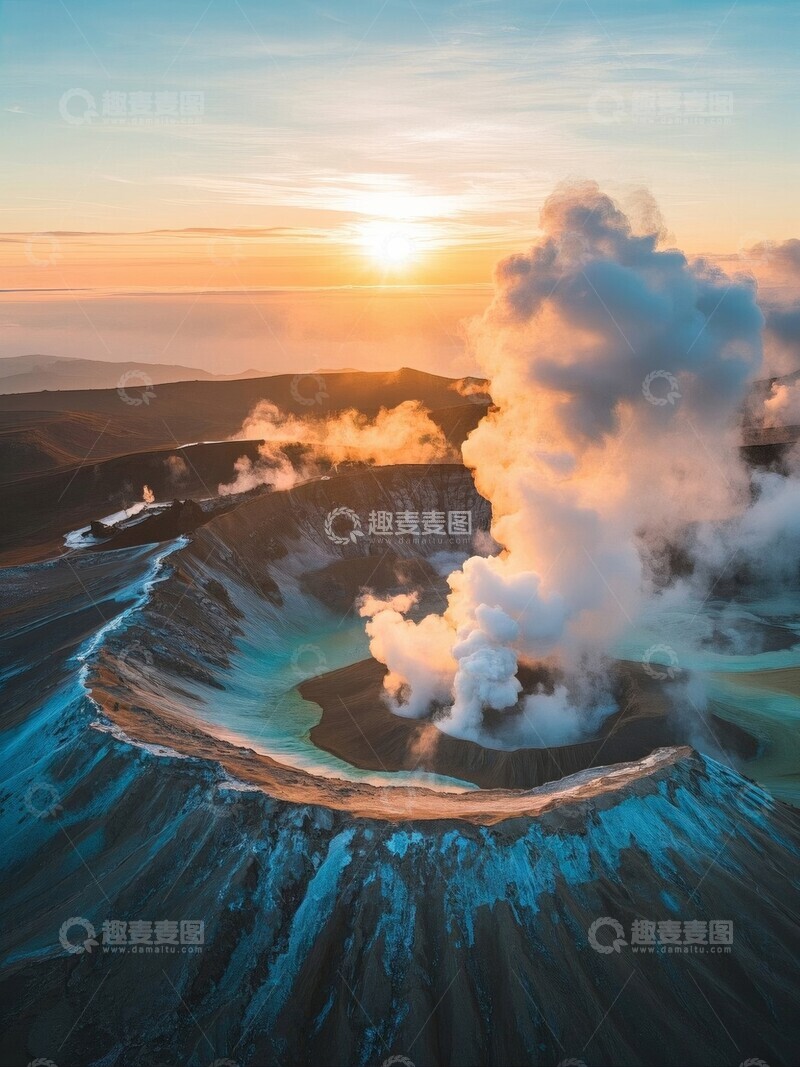 高清大图下载【趣麦麦图】火山喷发水汽四溢夕阳下自然景观