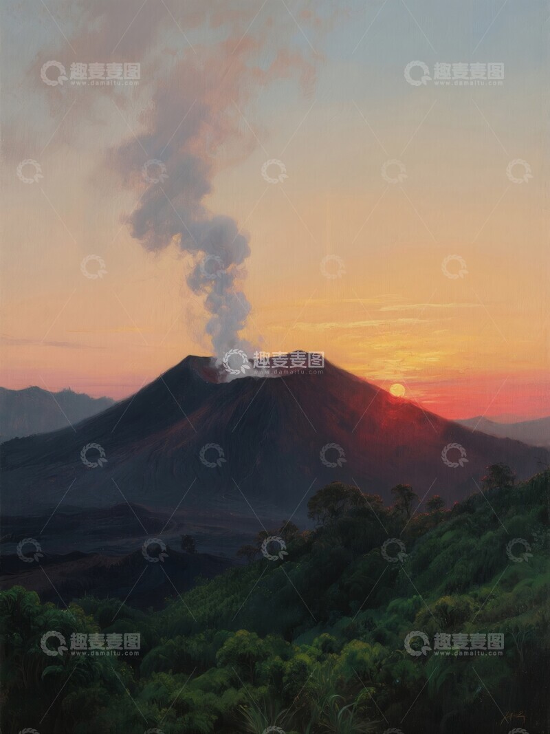高清大图下载【趣麦麦图】火山喷发烟雾缭绕的日落景象