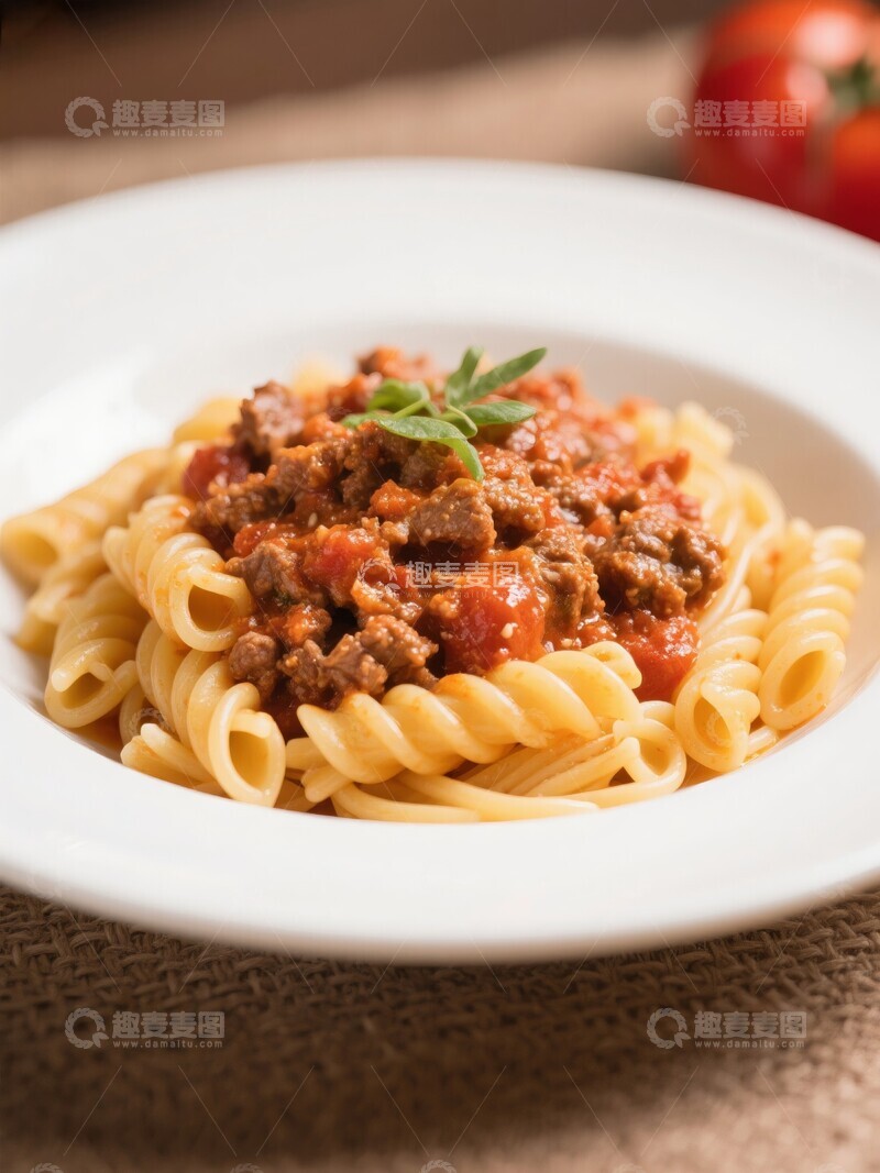 高清大图下载【趣麦麦图】螺旋意大利面配肉酱撒上香草