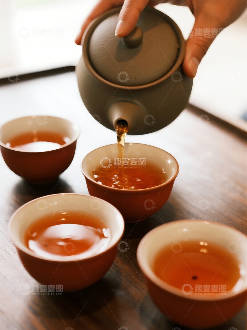 高清大图下载【趣麦麦图】茶壶倾倒茶水入杯的温馨场景