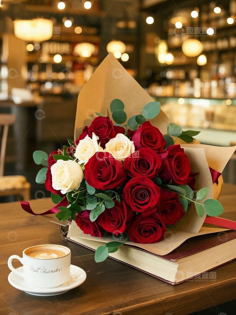 高清大图下载【趣麦麦图】玫瑰花束与咖啡的温馨场景