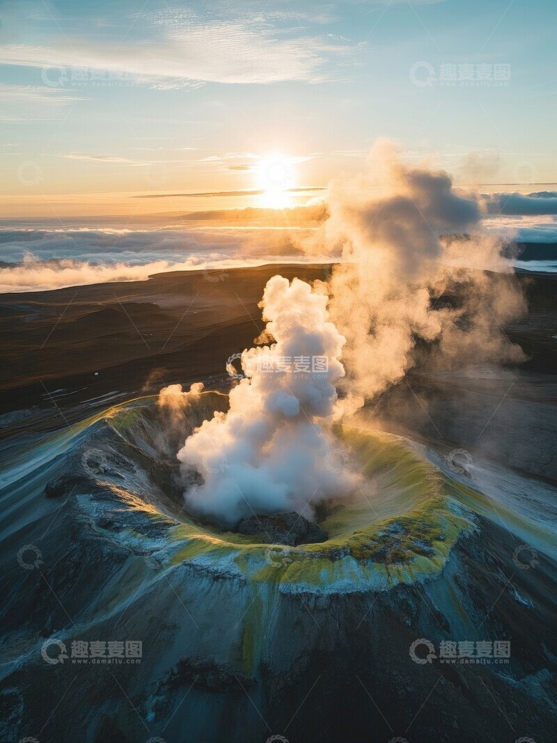 高清大图下载【趣麦麦图】-火山口喷发夕阳下自然景观