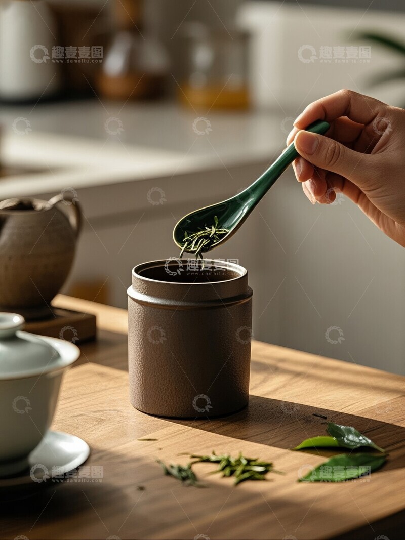 高清大图下载【趣麦麦图】手用勺子将茶叶放入茶罐