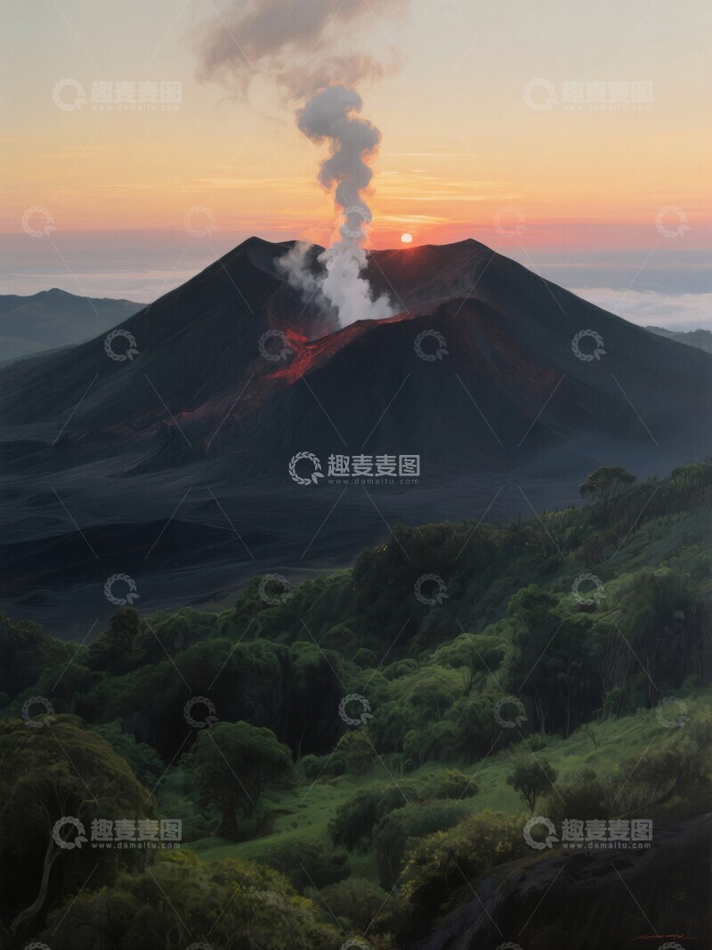 高清大图下载【趣麦麦图】火山喷发夕阳映照