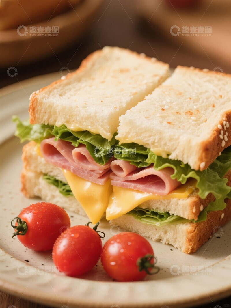 高清大图下载【趣麦麦图】芝麻面包芝士火腿三明治特写