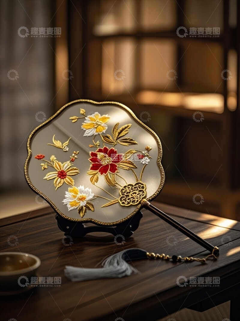 高清大图下载【趣麦麦图】精美刺绣团扇置于木质桌面上