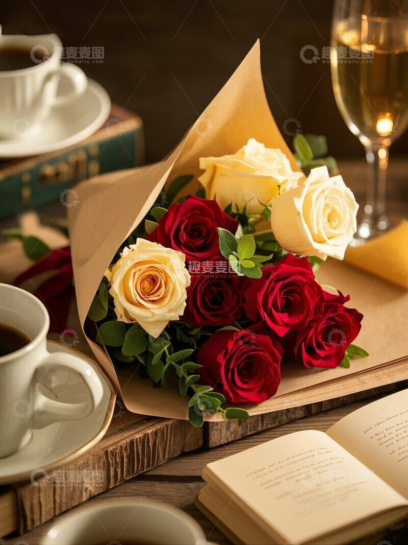 高清大图下载【趣麦麦图】玫瑰花束与咖啡杯静置书上