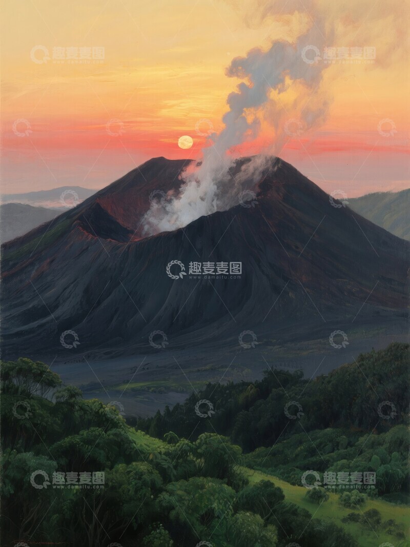 高清大图下载【趣麦麦图】火山口日落蒸汽升腾