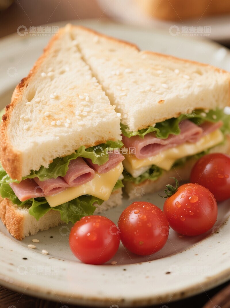 高清大图下载【趣麦麦图】切开的面包芝士火腿三明治配番茄