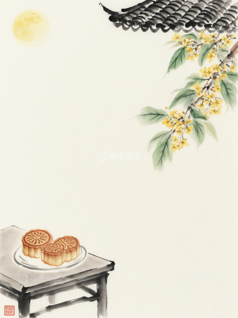 高清大图下载【趣麦麦图】中国风水墨水彩中秋月饼桂花宣纸背景3