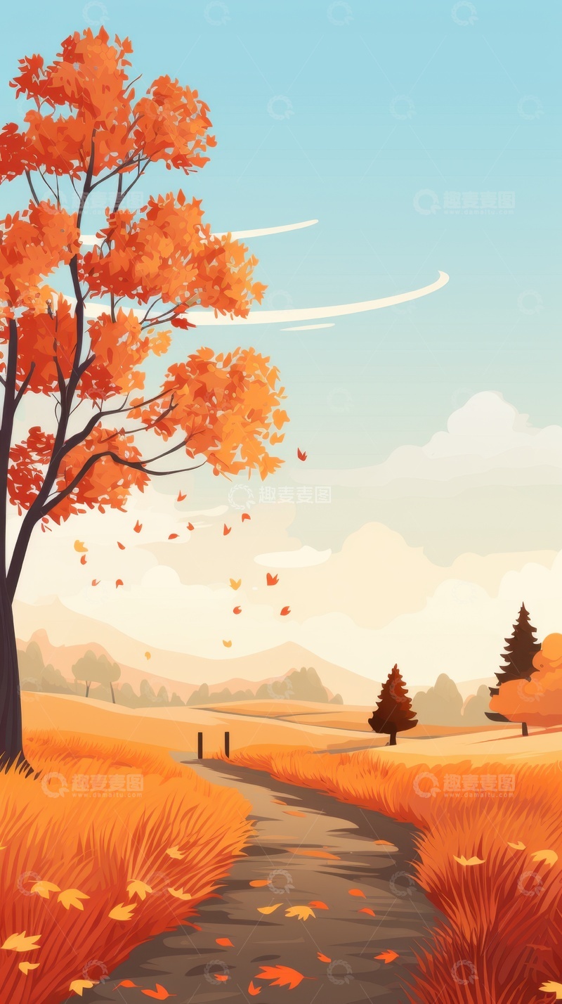 高清大图下载【趣麦麦图】手绘简约秋天红色的枫树