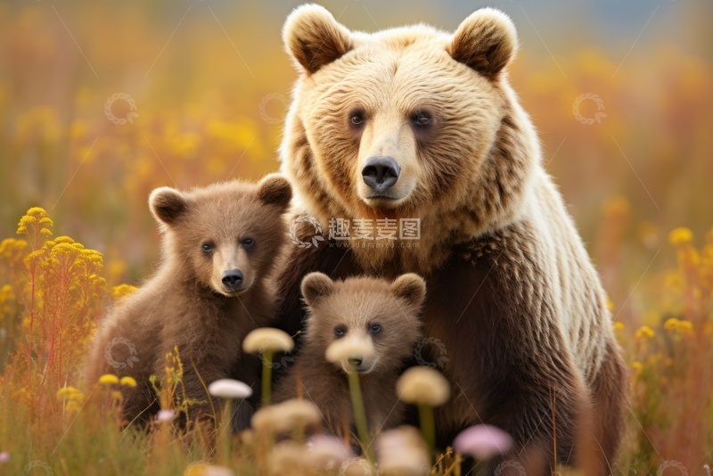 高清大图下载【趣麦麦图】草丛里的棕熊一家