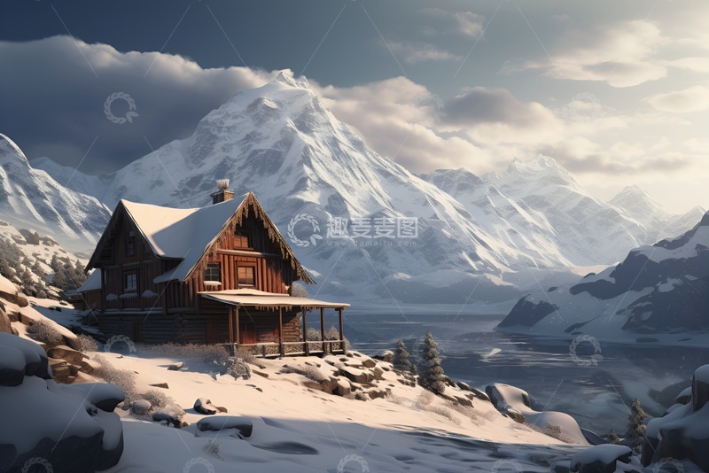 高清大图下载【趣麦麦图】雪山上的小木屋建筑风景