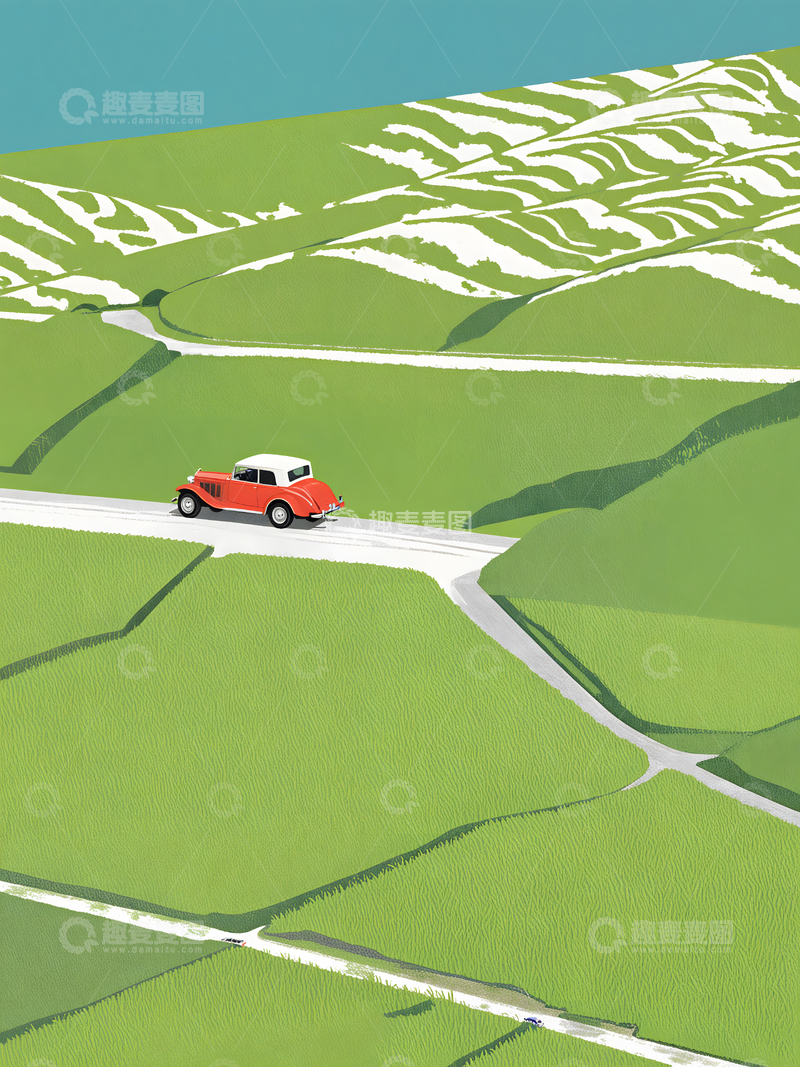 高清大图下载【趣麦麦图】开在乡间小路上的红色汽车