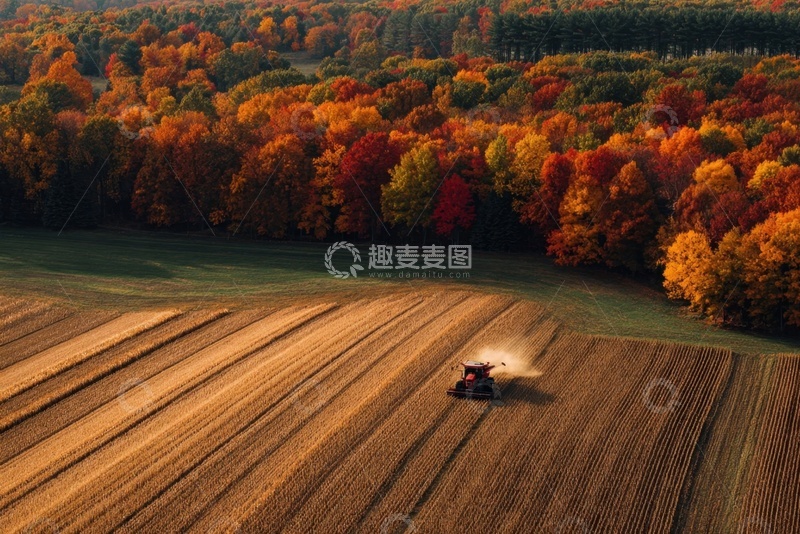 高清大图下载【趣麦麦图】秋季收割机收割麦田
