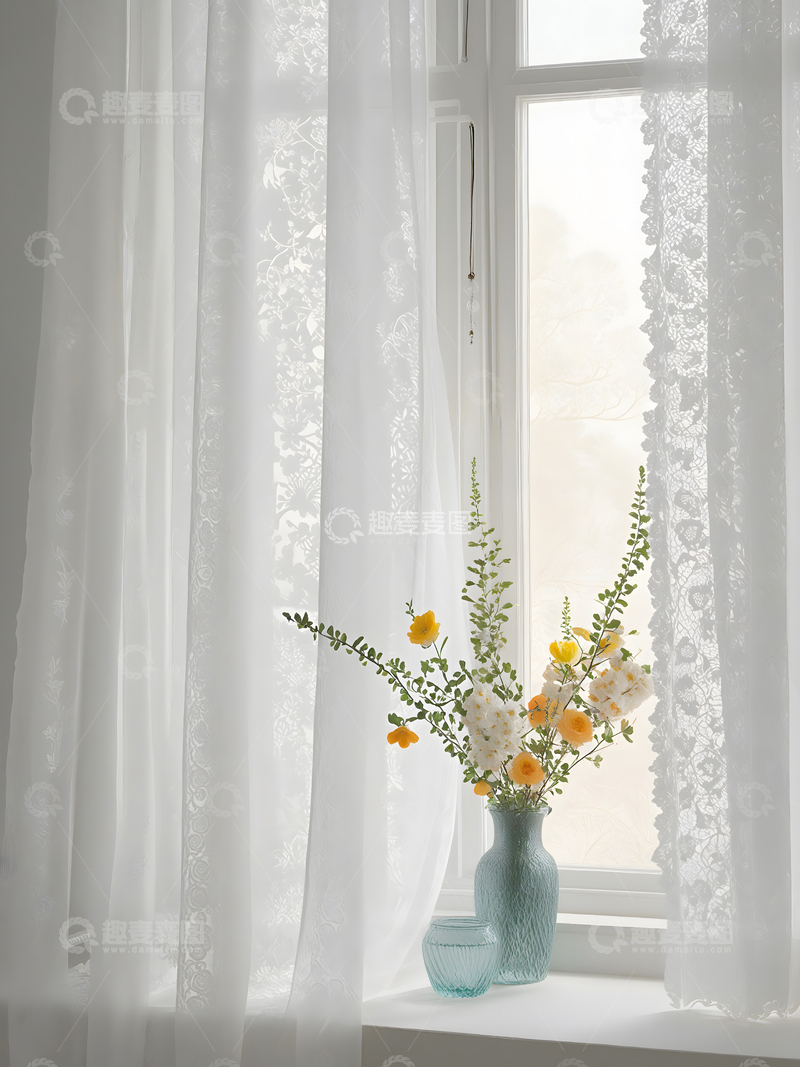 高清大图下载【趣麦麦图】法式蕾丝窗帘花瓶