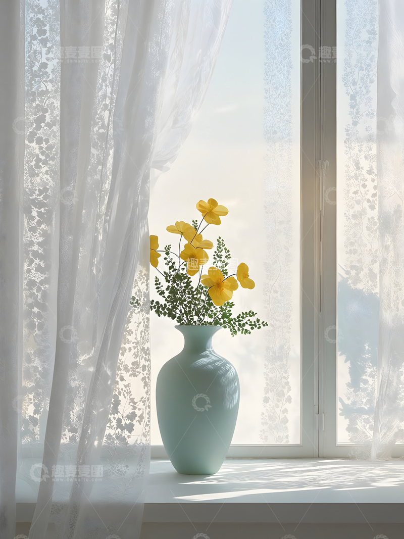高清大图下载【趣麦麦图】蕾丝窗边法式花瓶