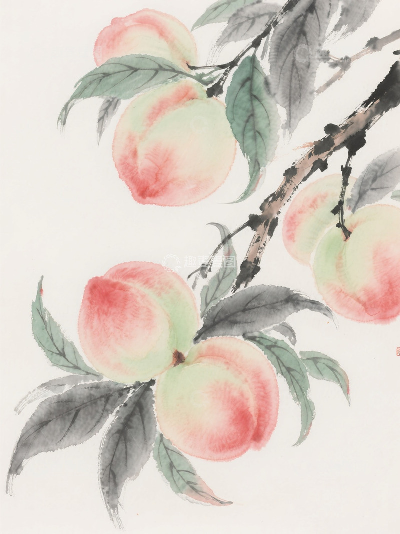 高清大图下载【趣麦麦图】中国风水墨水彩桃子桃枝背景1