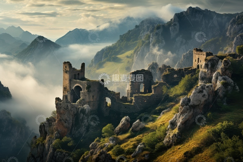 高清大图下载【趣麦麦图】山林里塔楼建筑残垣断壁