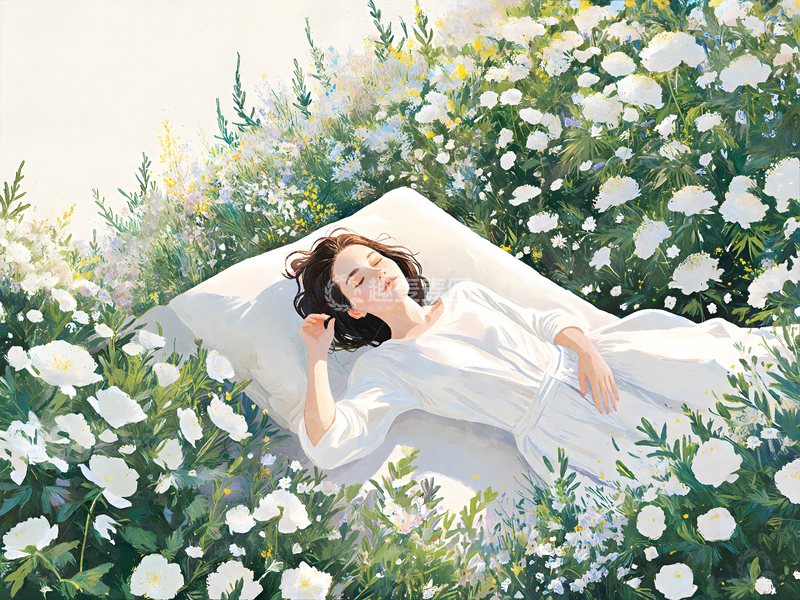 高清大图下载【趣麦麦图】穿连衣裙躺在花丛中的女孩