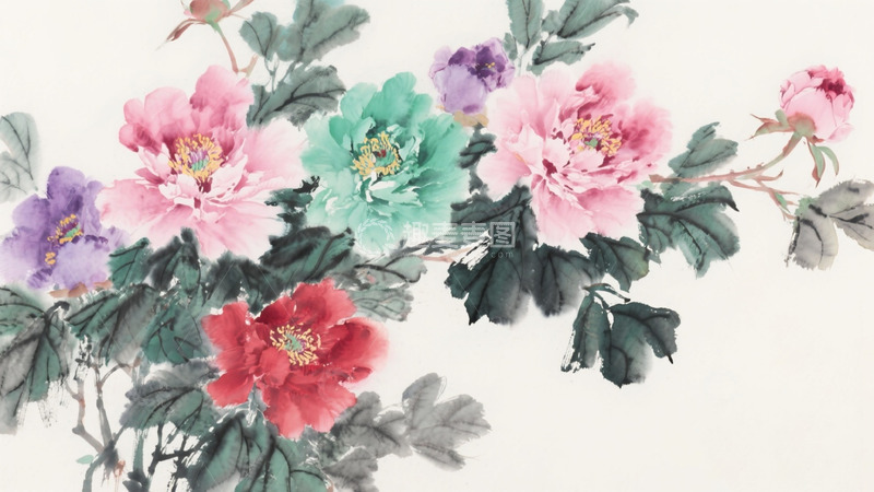 高清大图下载【趣麦麦图】中国风水墨水彩彩色大气牡丹背景1