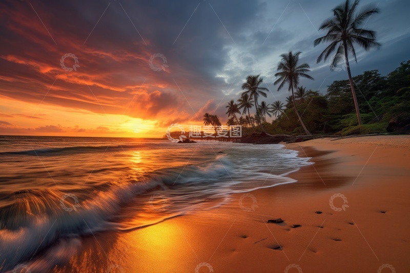 高清大图下载【趣麦麦图】黄昏下的夕阳沙滩自然美景