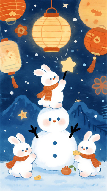 雪夜萌兔与雪人共庆