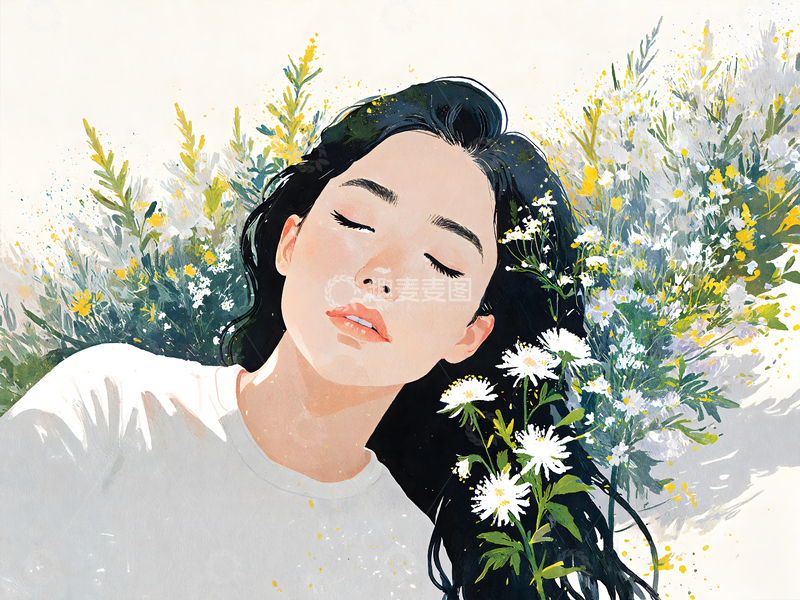高清大图下载【趣麦麦图】半躺在花丛中的女孩