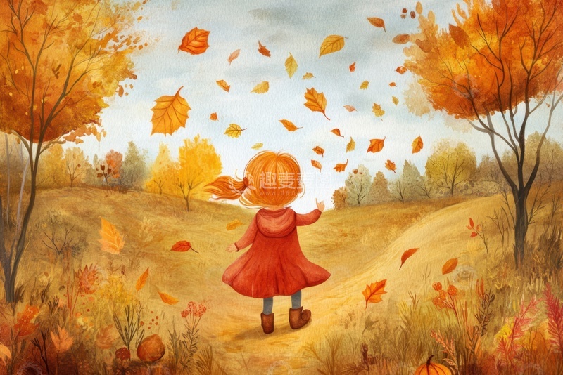 高清大图下载【趣麦麦图】森林里行走的小女孩插画