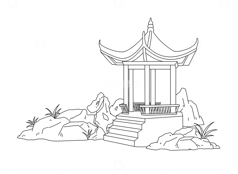 源文件下载【趣麦麦图】古风建筑亭子线稿