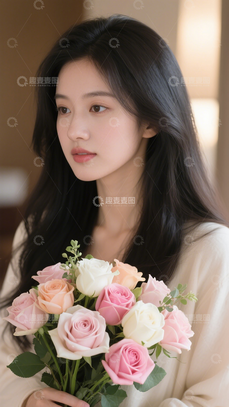 高清大图下载【趣麦麦图】年轻长发女孩医美模特手拿鲜花人像摄影