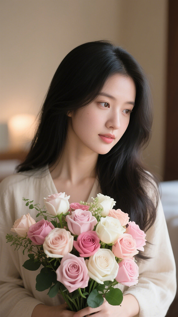 手拿鲜花女孩年轻女生长发人像摄影