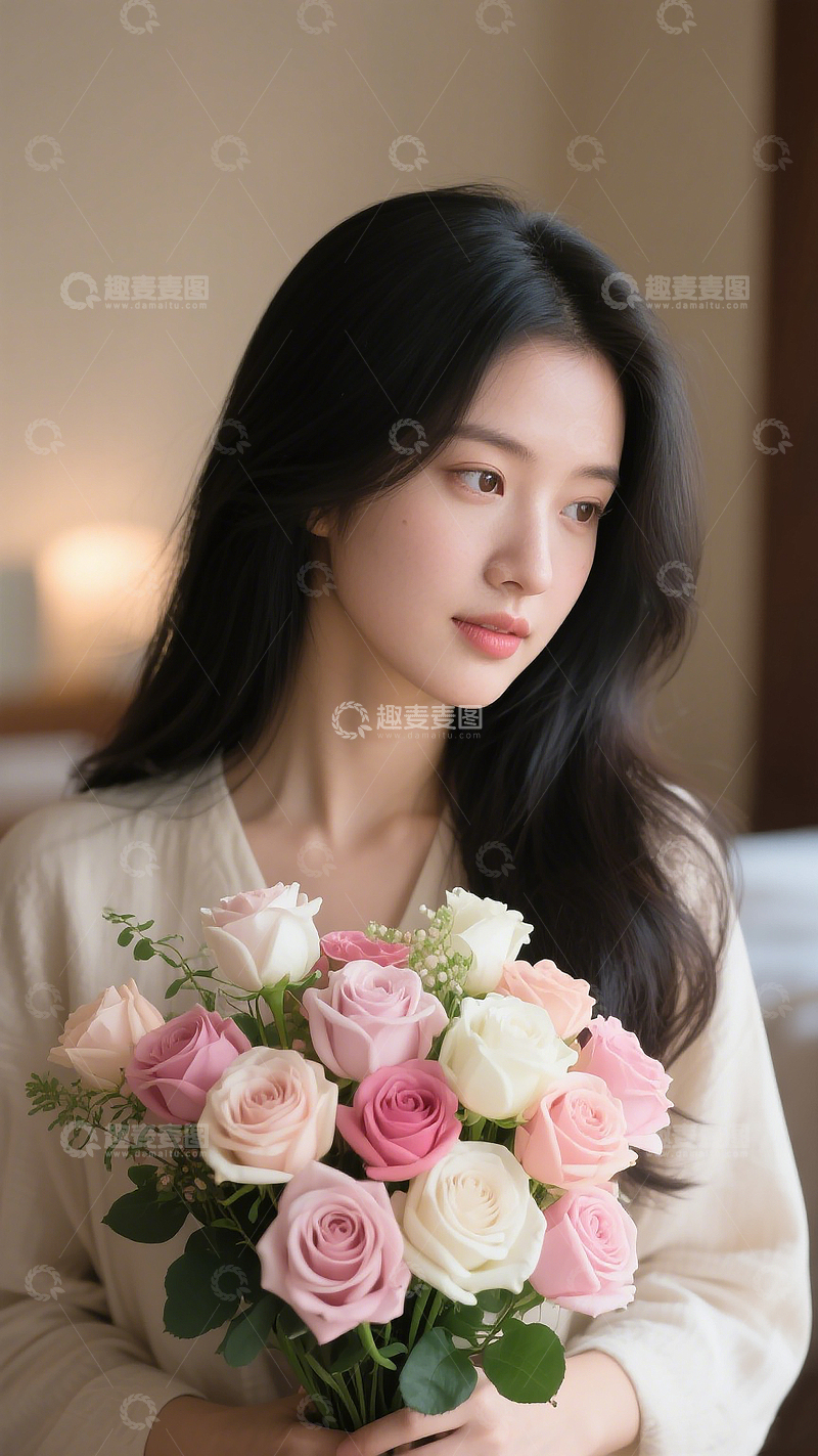 高清大图下载【趣麦麦图】手拿鲜花女孩年轻女生长发人像摄影