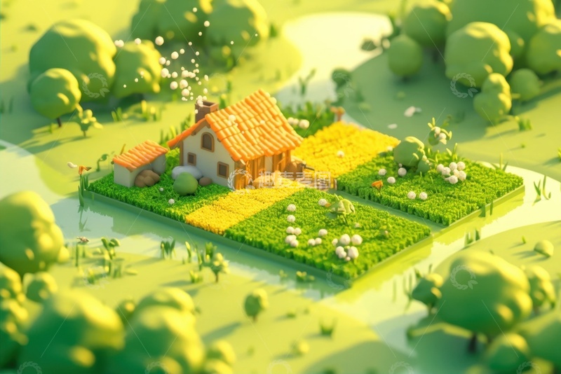 高清大图下载【趣麦麦图】3d模型房屋农田大树