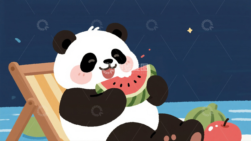 高清大图下载【趣麦麦图】熊猫的夏夜西瓜时光