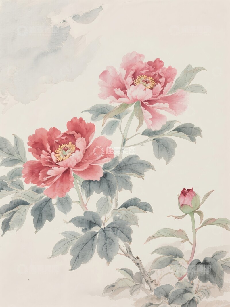 高清大图下载【趣麦麦图】淡雅牡丹枝叶相伴