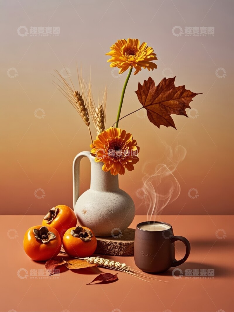 高清大图下载【趣麦麦图】秋日静物花束与柿子的温暖时光