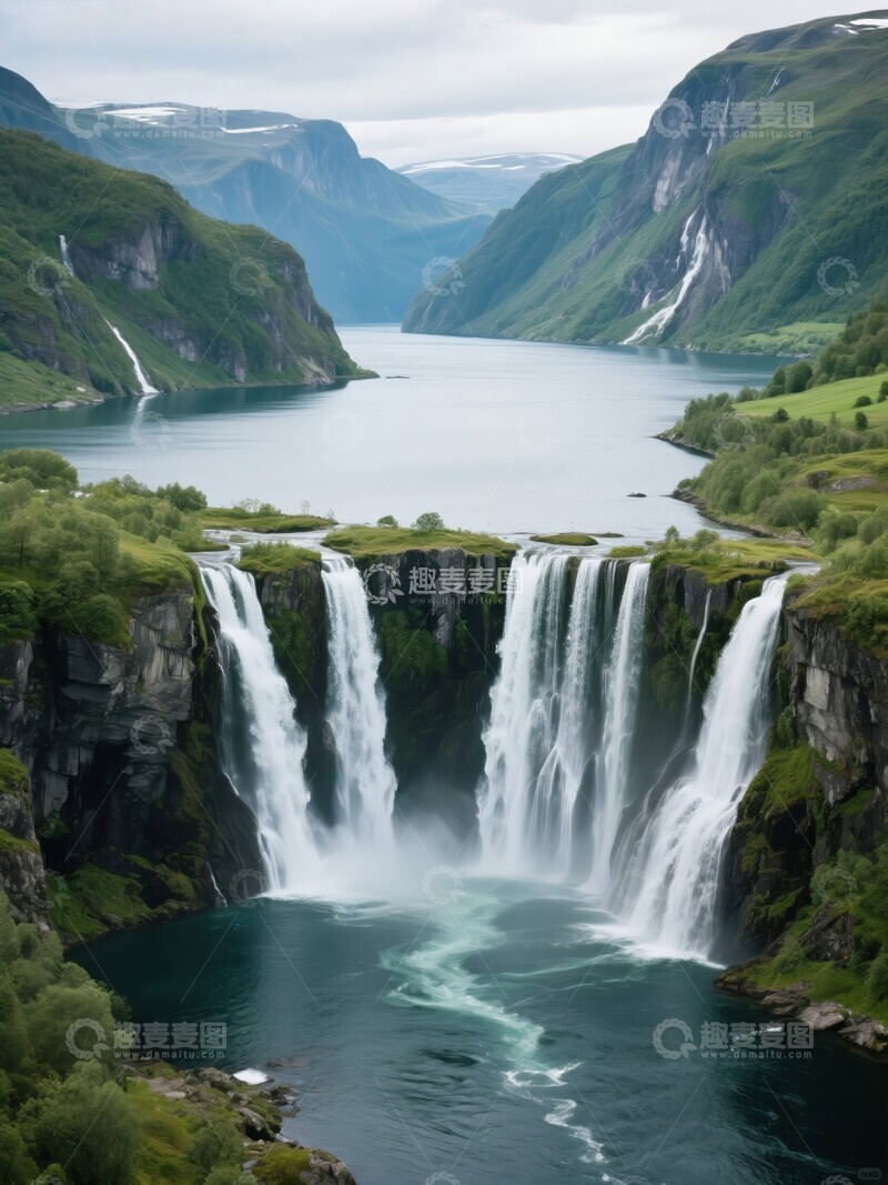 高清大图下载【趣麦麦图】壮观瀑布汇入宁静峡湾