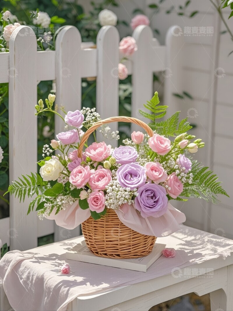 高清大图下载【趣麦麦图】花篮中的玫瑰与背景的花园