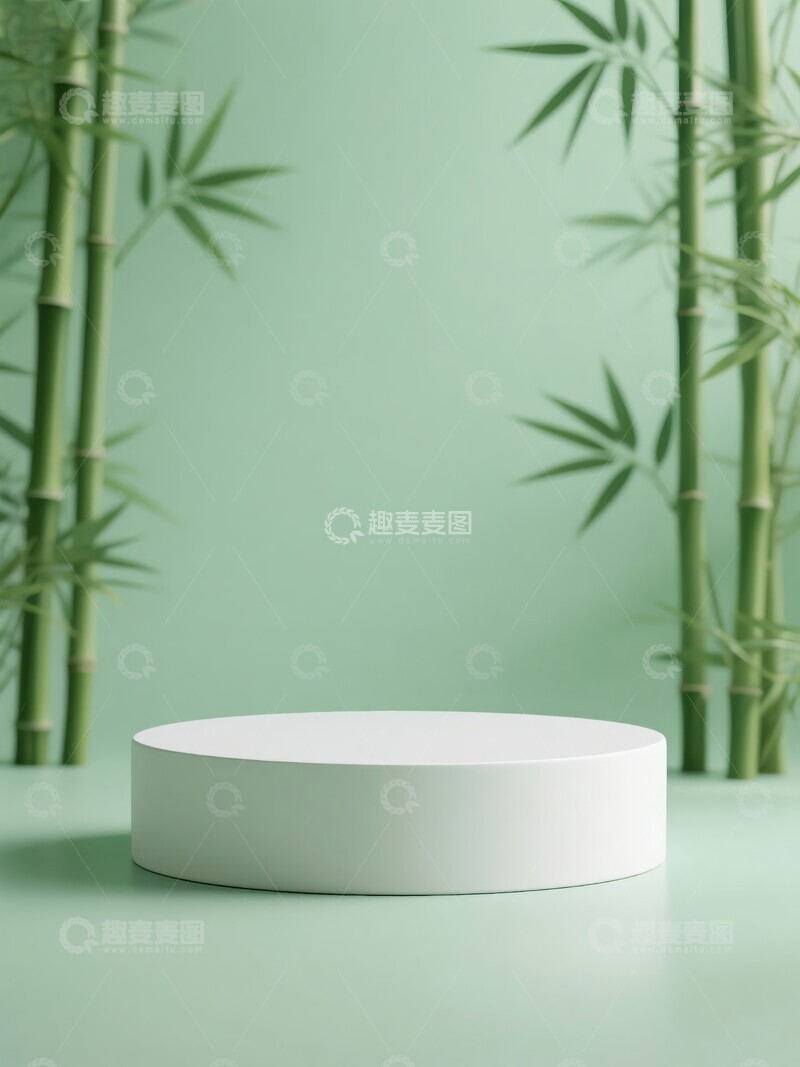 高清大图下载【趣麦麦图】绿色背景下的白色圆柱体与竹子