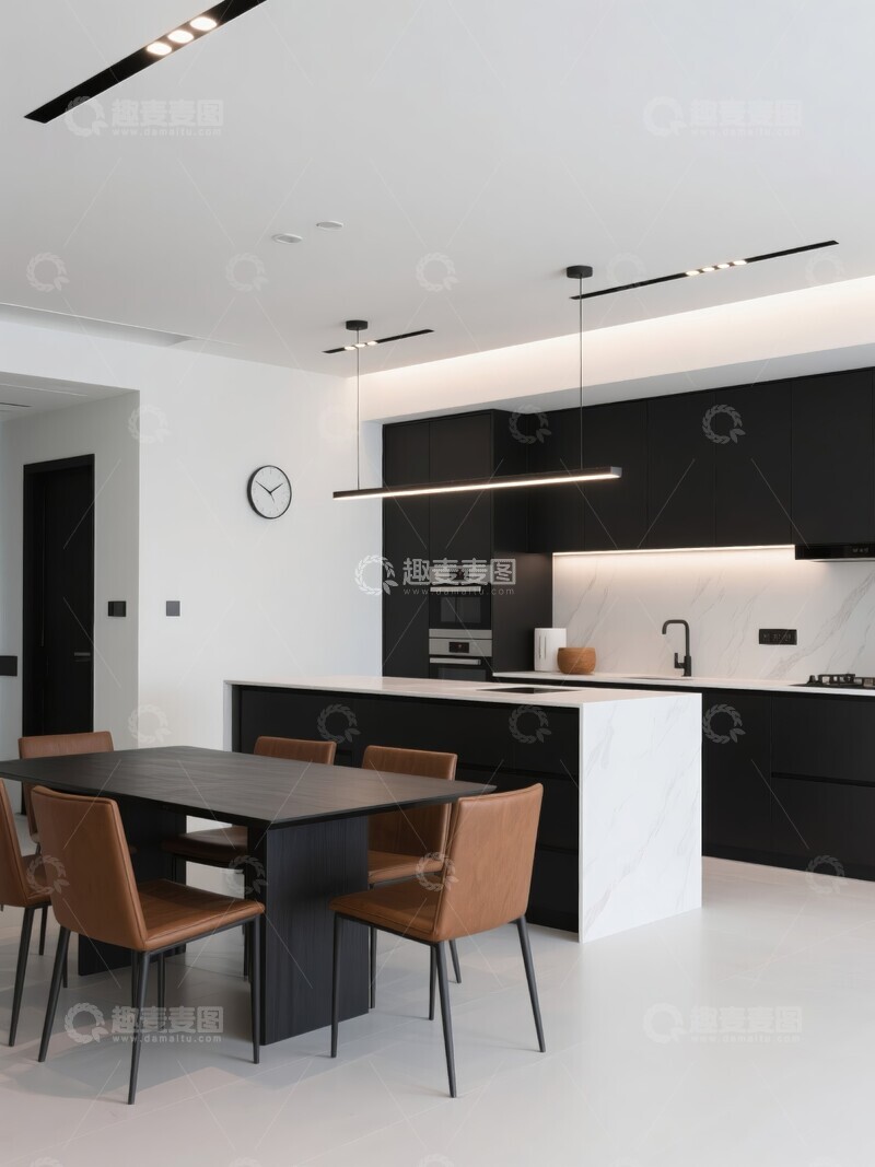 高清大图下载【趣麦麦图】现代简约厨房与餐厅一体化设计