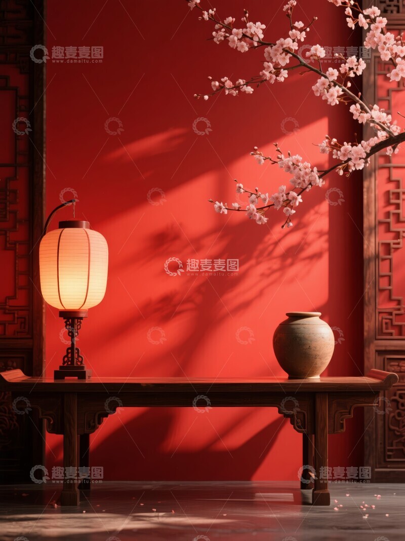 高清大图下载【趣麦麦图】红墙木桌上的古灯与花瓶