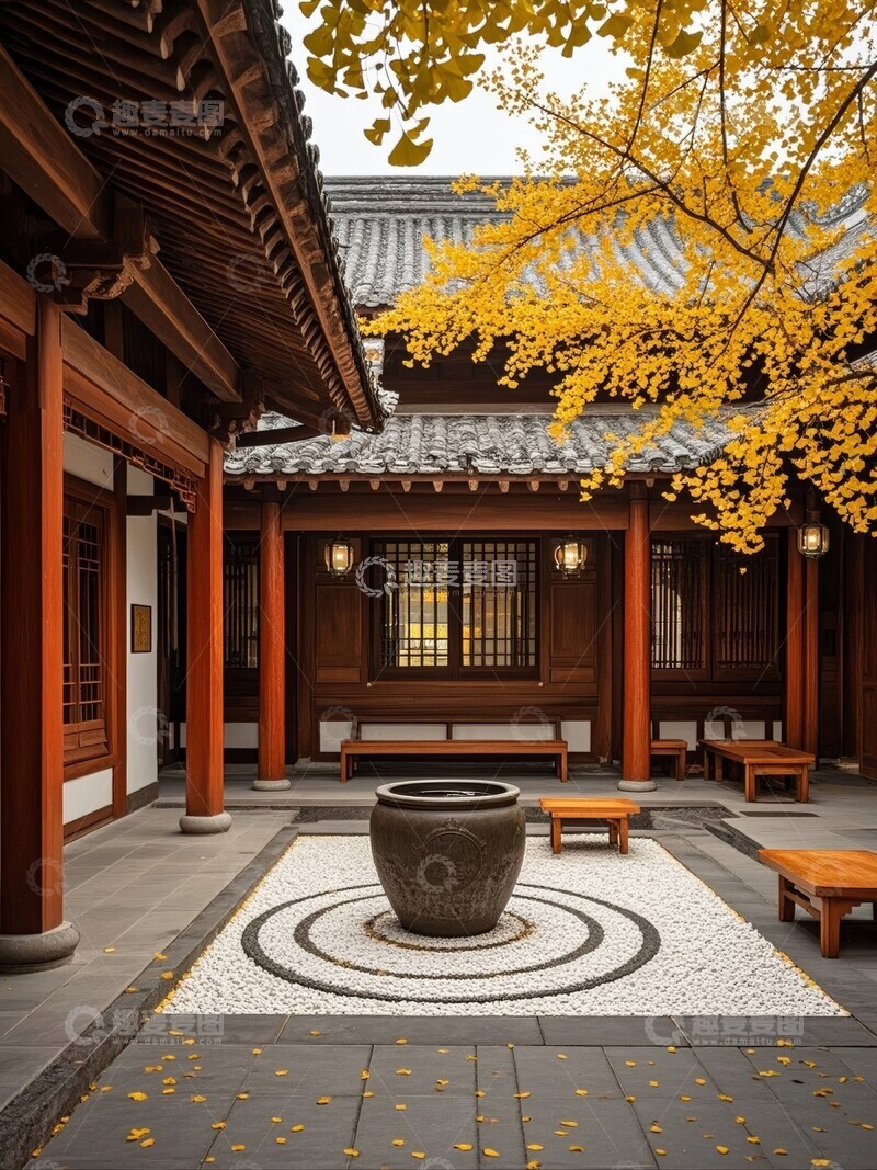 高清大图下载【趣麦麦图】传统庭院秋景石盆与黄叶点缀