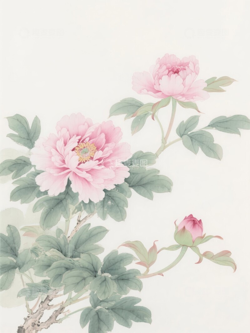 高清大图下载【趣麦麦图】国画手绘风格盛开的粉色牡丹花