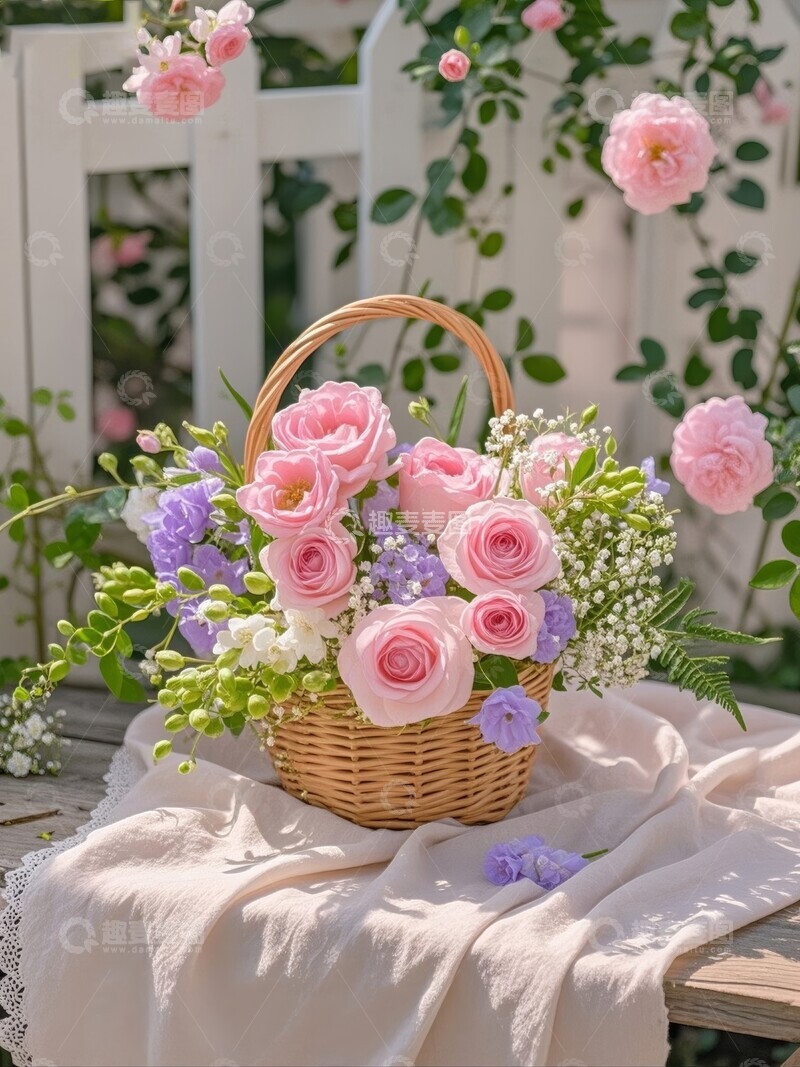 高清大图下载【趣麦麦图】花篮中的粉色玫瑰与雏菊