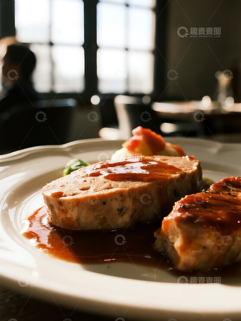 高清大图下载【趣麦麦图】餐厅中煎制鹅肝配蔬菜与酱汁