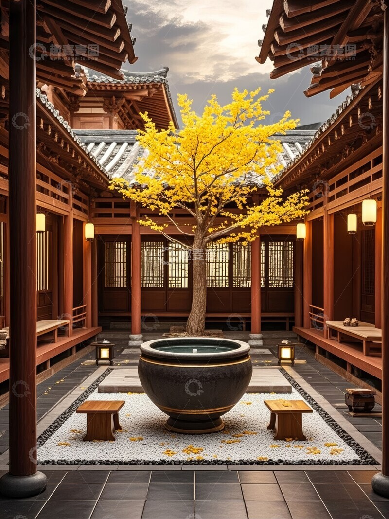 高清大图下载【趣麦麦图】传统庭院秋景石钵与黄叶点缀