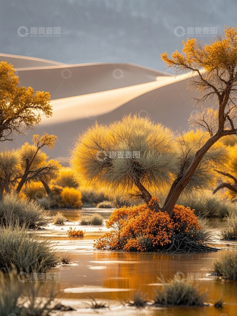 高清大图下载【趣麦麦图】沙漠绿洲沙丘与灌木共生