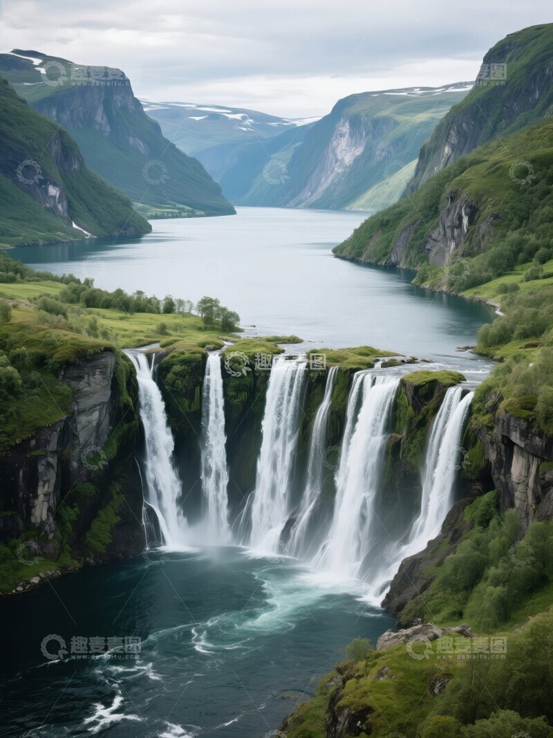 高清大图下载【趣麦麦图】瀑布汇入峡湾群山环绕