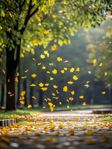 秋日公园落叶纷飞的景象